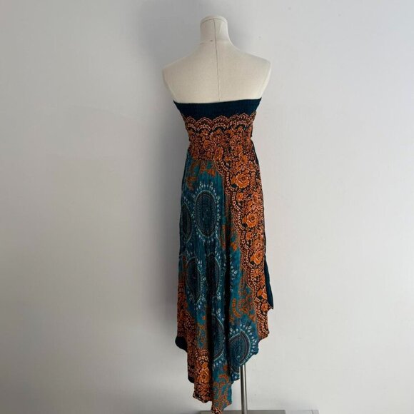 Bangkok Pants Boho Strapless Smocked  Dress |Orange/Teal Print | onesize - Picture 3 of 4